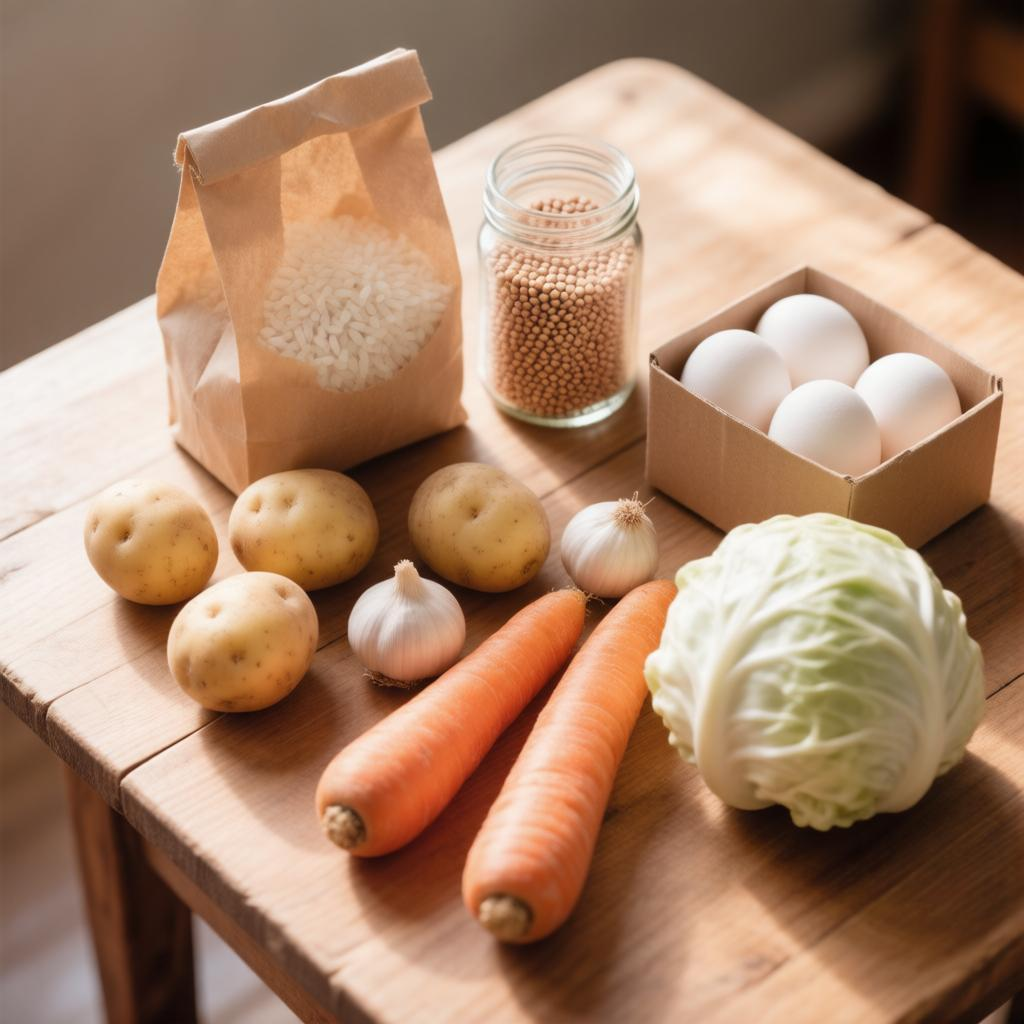 Раскладка бюджетных продуктов (крупы, овощи, яйца) на деревянном столе в эстетике рустик