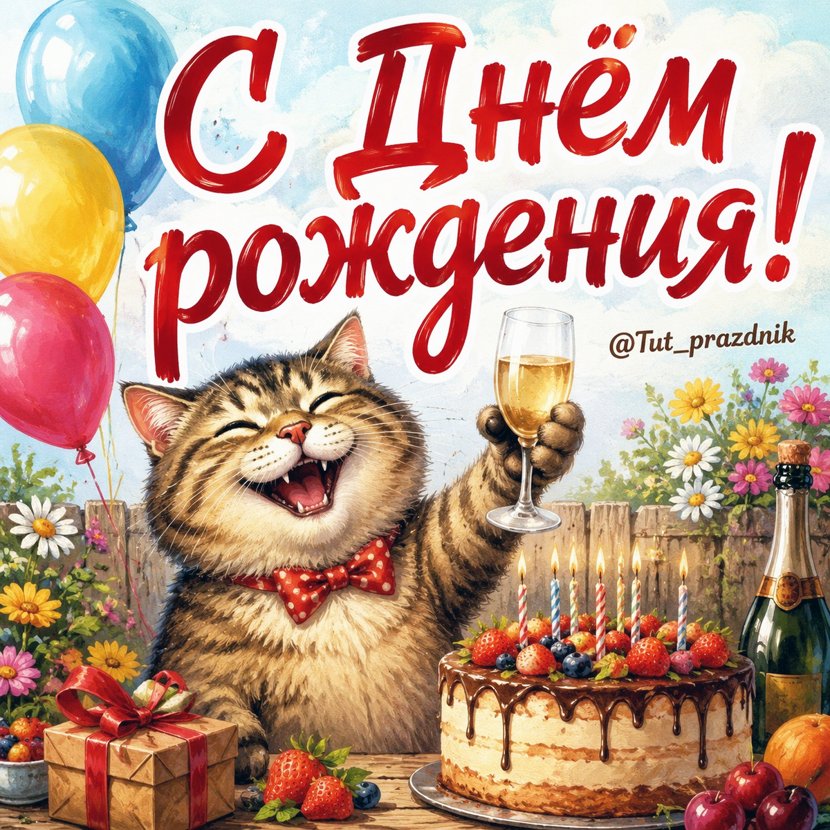 Прикольная открытка С Днём рождения! с котом