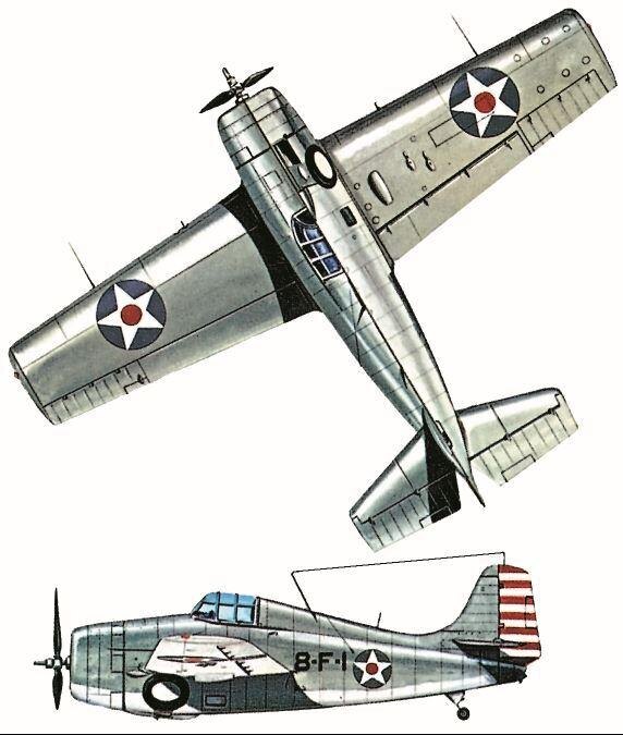 Истребитель "Grumman" F4F-3 "Wildcat" эскадрильи VF-8, конец 1941 года . Двигатель: радиальный "Twin Wasp" R-1830-76 мощностью 1200 лошадиных сил. Размах крыла: 11,58 м (38 футов). Длина: 8,76 м (28 футов 9 дюймов). Высота: 2,81 м (9 футов 2 1/2 дюйма). Взлетный вес: 3176 кг (7002 фунта). Максимальная скорость: 531 км/ч (330 миль/ч) на высоте 6431 м (21100 футов). Дальность полета: 1360 км (845 миль). Вооружение: два 0,50-дюймовых пулемета "Browning" M-2 под каждым крылом; одна 45,4-кг (100 фунтов) бомба под каждым крылом.