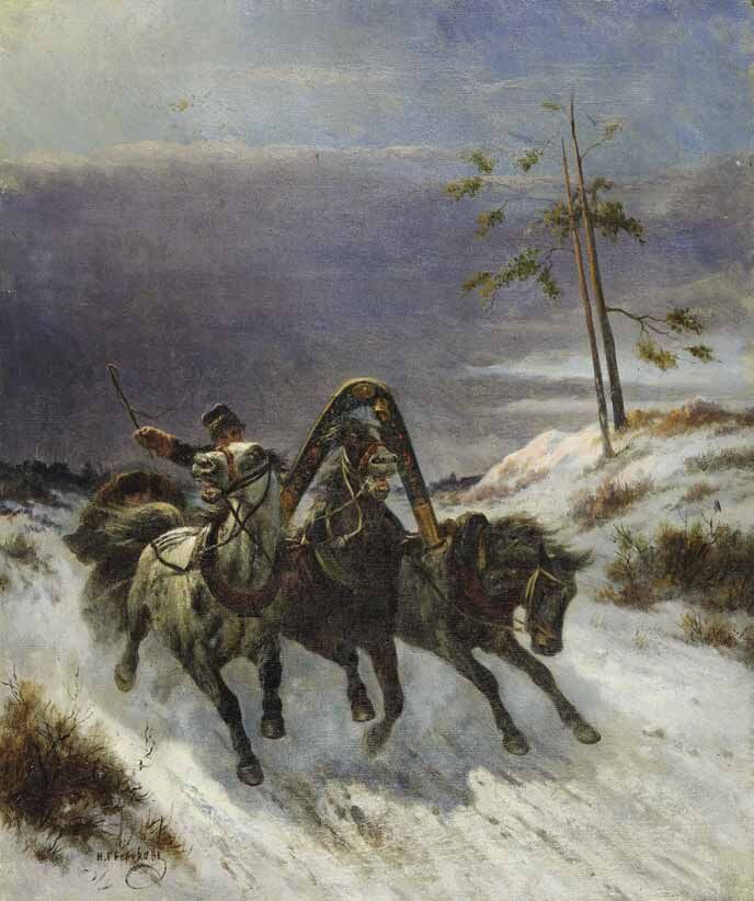 Н. Е. Сверчков. «Тройка», 1855 год. Так дорога выглядела в романтических представлениях — мчащаяся тройка, колокольчик, снежная пыль. На деле всё было куда прозаичнее. Источник: Wikimedia Commons, Public Domain.