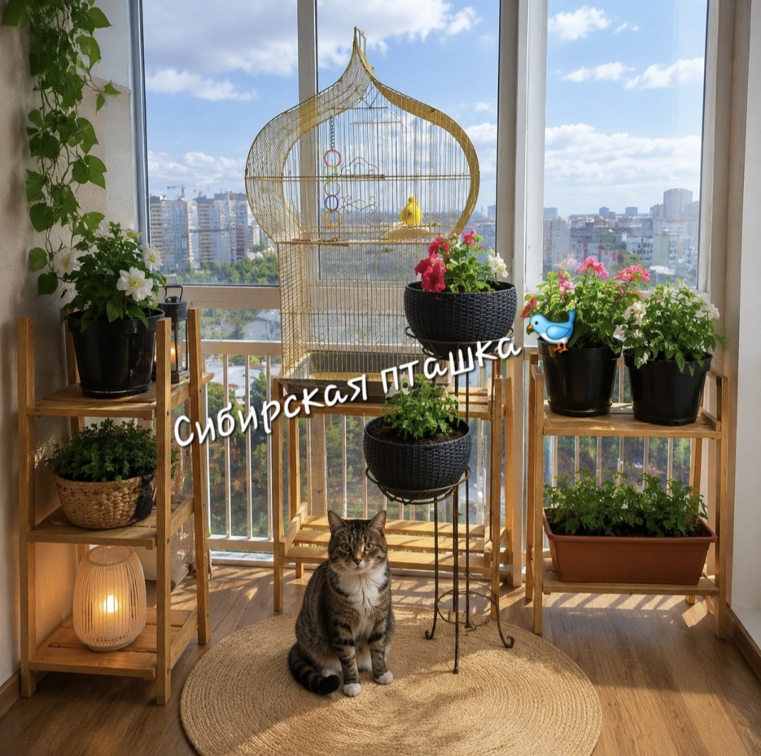 Кот  и птица мои реально)) очень классный балкон, панорамный, но маленький.
