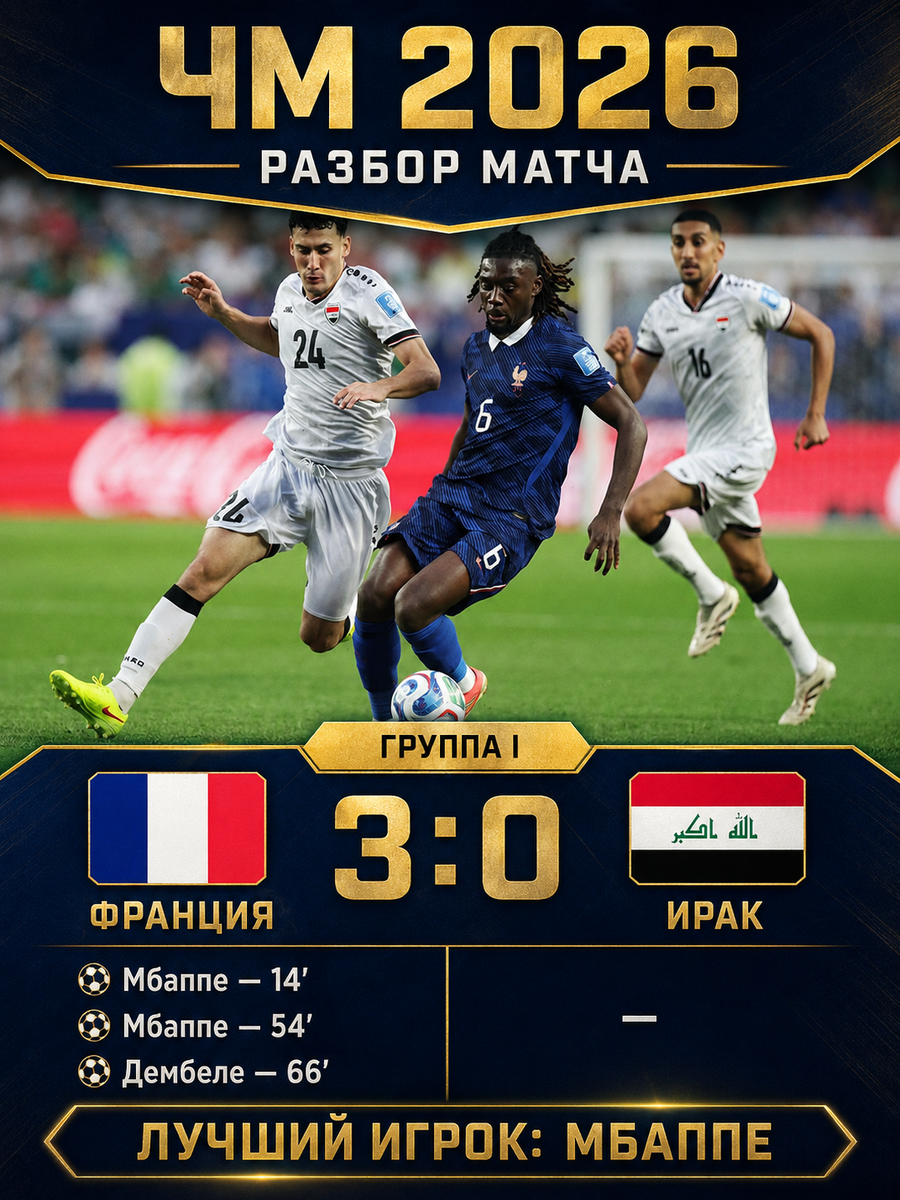 Франция — Ирак 3:0: дубль Мбаппе и выход в плей-офф ЧМ-2026