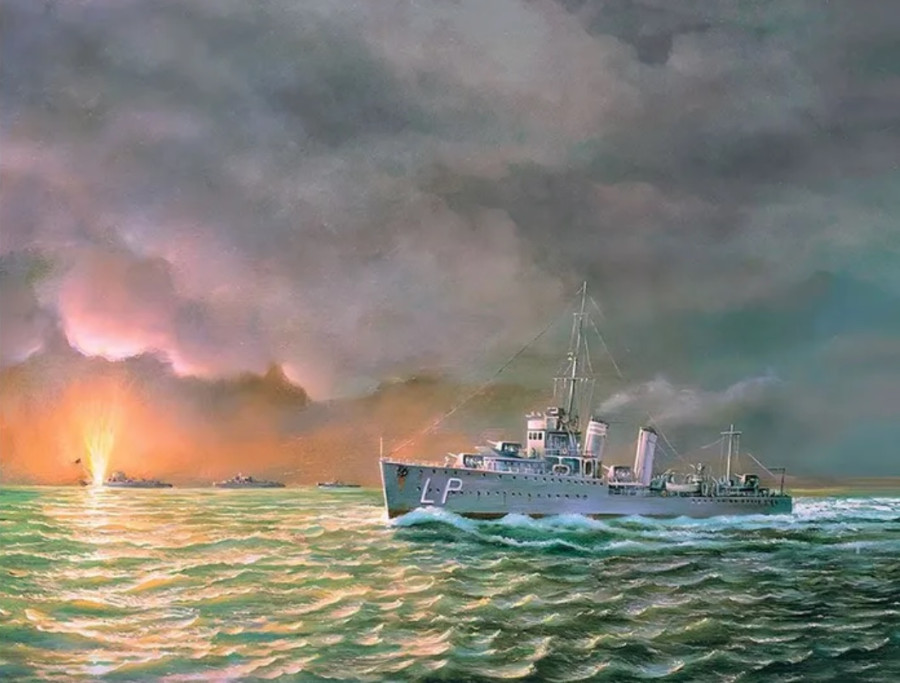 Торпедная атака республиканского эсминца Lepanto на корабельное соединение франкистов, иллюстрация из книги: Кондратов В.А. "Военные действия на море во время Гражданской войны в Испании 1936-1939 гг.".