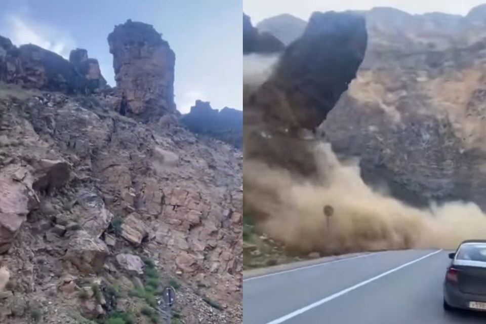    Нависавшая над дорогой скала обрушилась вниз. Фото: стоп-кадр видео соцсетей.