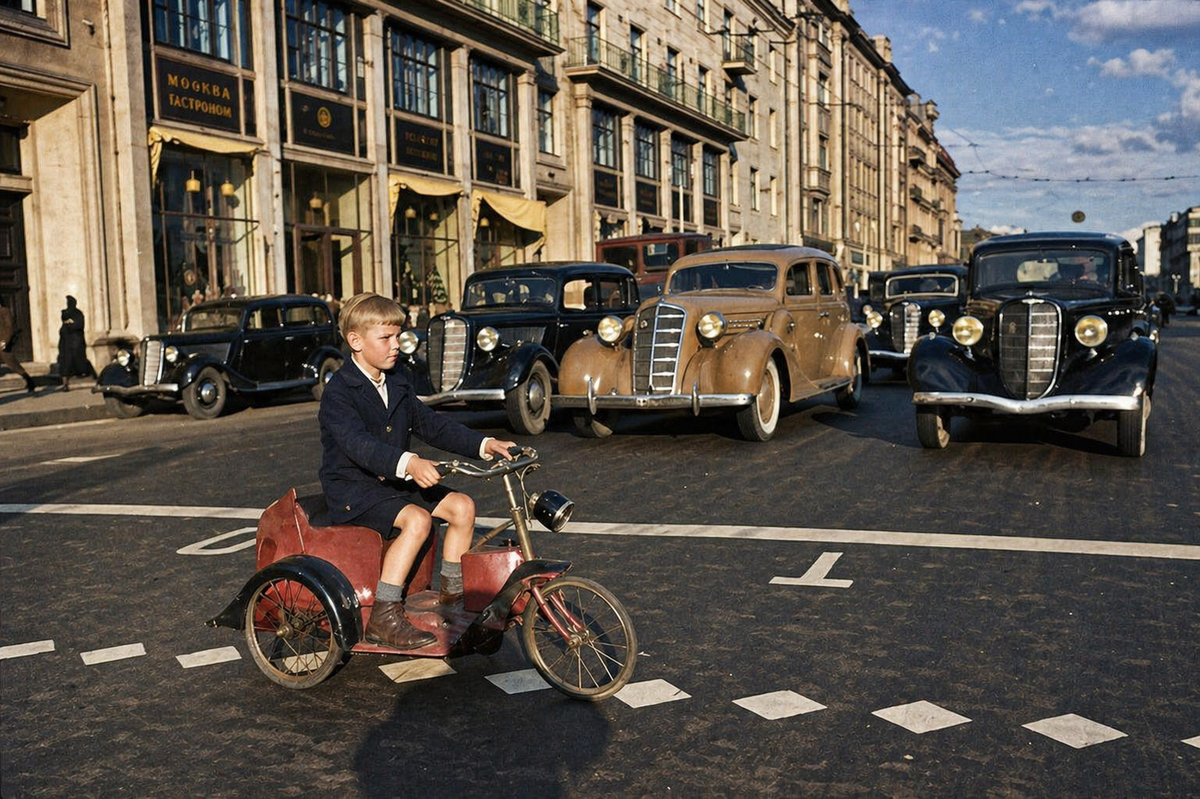 Мальчик на трицикле пересекает улицу Горького. 1935 год. Автор: Аркадий Шайхет