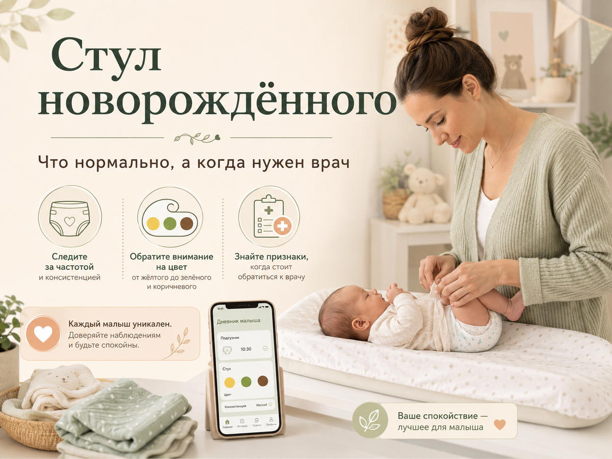 Молодая мама меняет подгузник новорождённому и отмечает данные о стуле малыша в телефоне