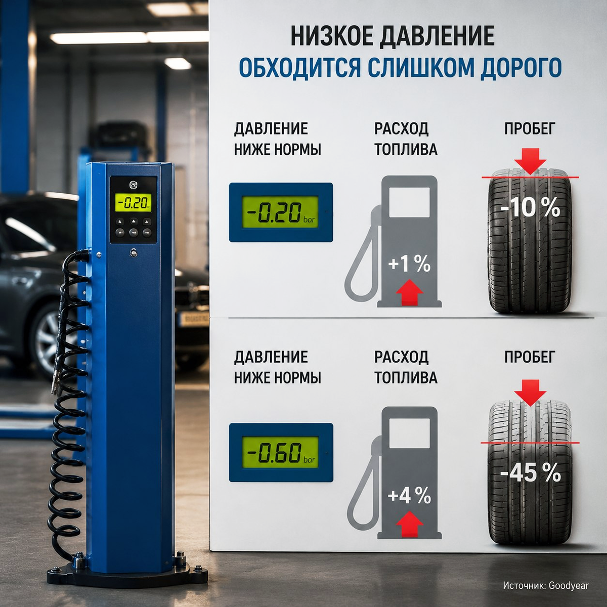 Низкое давление в шинах увеличивает расход топлива