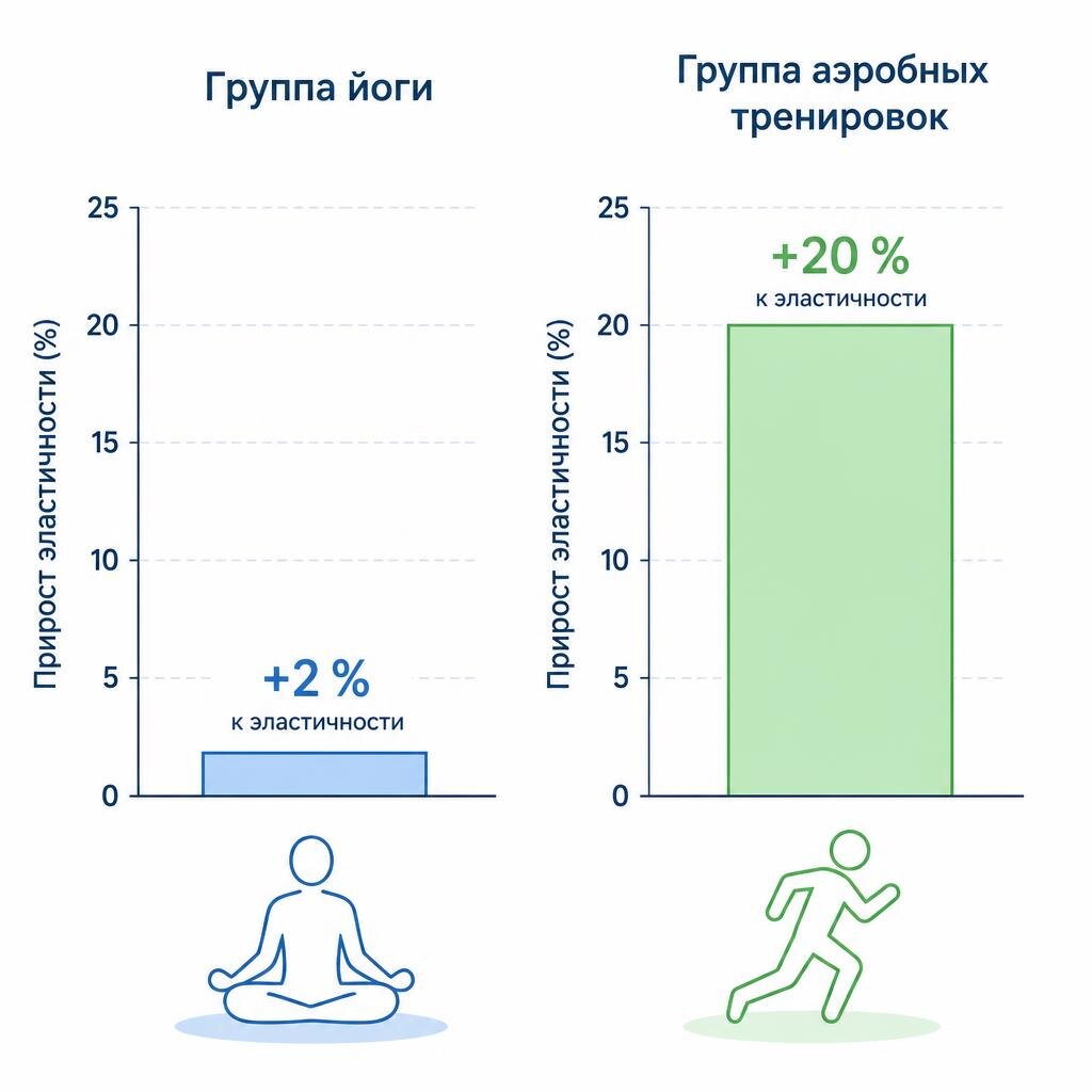 Группа йоги: +2 % к эластичности сердца. Группа аэробных тренировок: +20 %. Разница — в типе нагрузки
