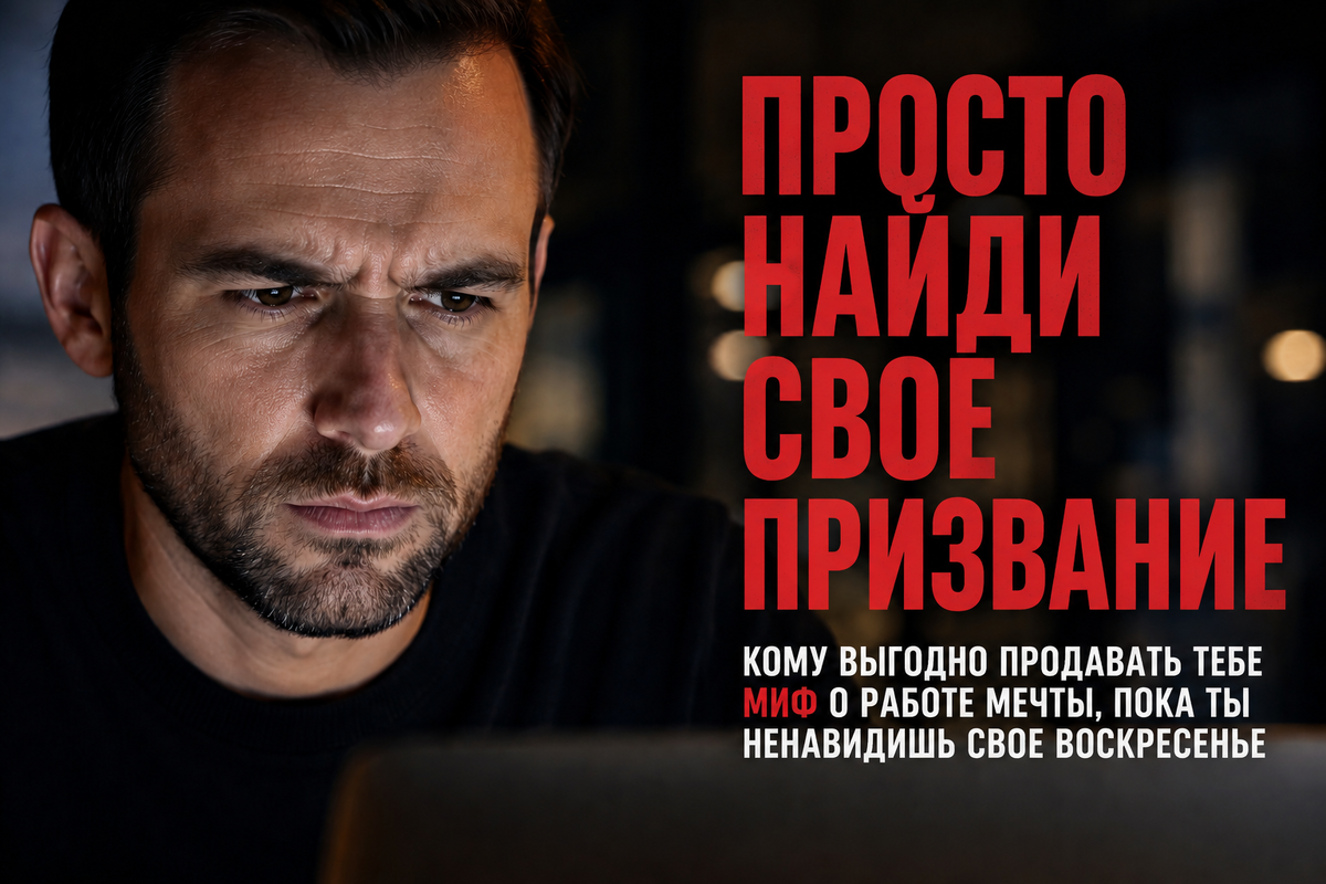 Уставший специалист смотрит на экран монитора в темноте. Иллюстрация к статье о мифах и реальности работы мечты.