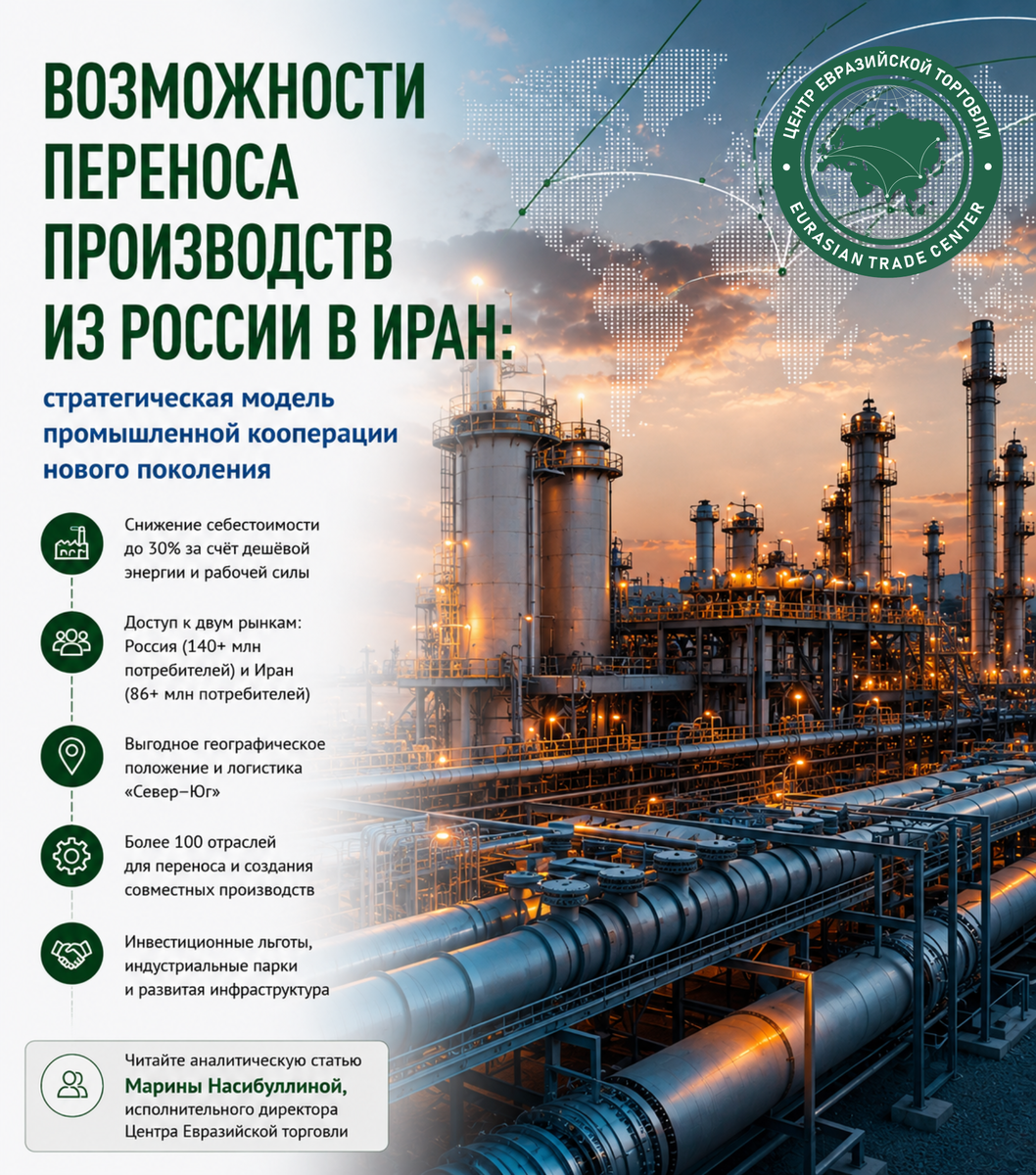 Эта статья посвящена анализу возможностей переноса и локализации производств из России в Иран в условиях трансформации мировой экономики и изменения международных цепочек поставок. В материале рассматриваются конкурентные преимущества Ирана, перспективные отрасли для промышленной кооперации, успешные российско-иранские кейсы, ключевые производственные кластеры, логистические маршруты и практические рекомендации для инвесторов и компаний, заинтересованных в развитии бизнеса на рынках Евразии и Ближнего Востока.