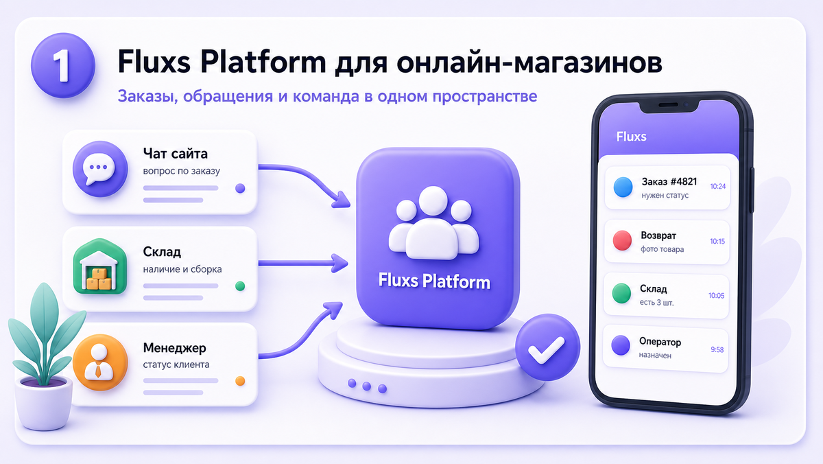 Fluxs PlatformДля владельцев онлайн-магазиновFluxs Platform помогает собрать обращения клиентов, задачи операторов, склад и контроль руководителя в одном рабочем контуре.