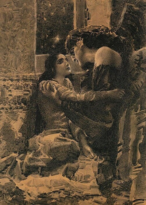 М. А. Врубель «Тамара и Демон», 1890 – 1891 годы. Бумага, черная акварель, белила. Размеры: 95,5х64,3 см. Инв. 10032. Государственная Третьяковская галерея, Москва. Фото картины взято из открытого источника.
