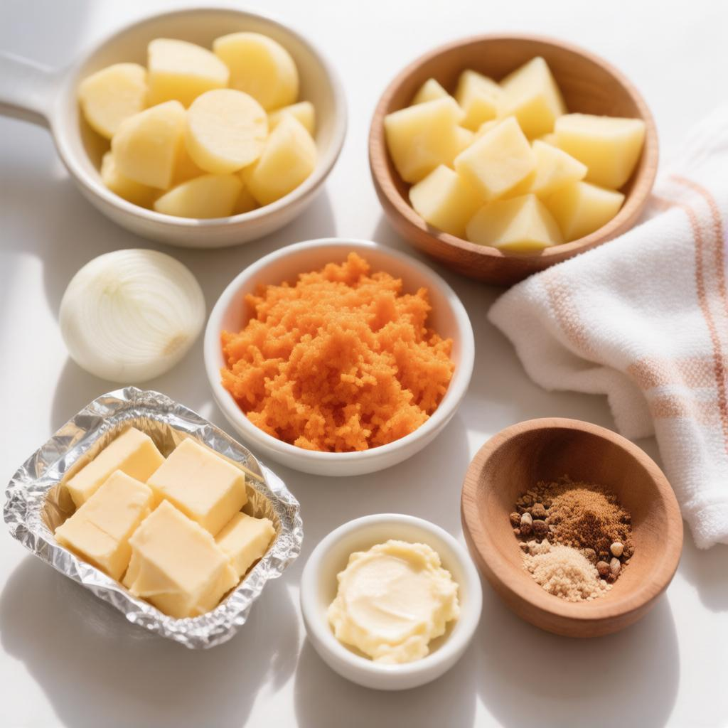 Раскладка продуктов на столе: нарезанные овощи, брусочки сыра в фольге, специи в деревянных ступках