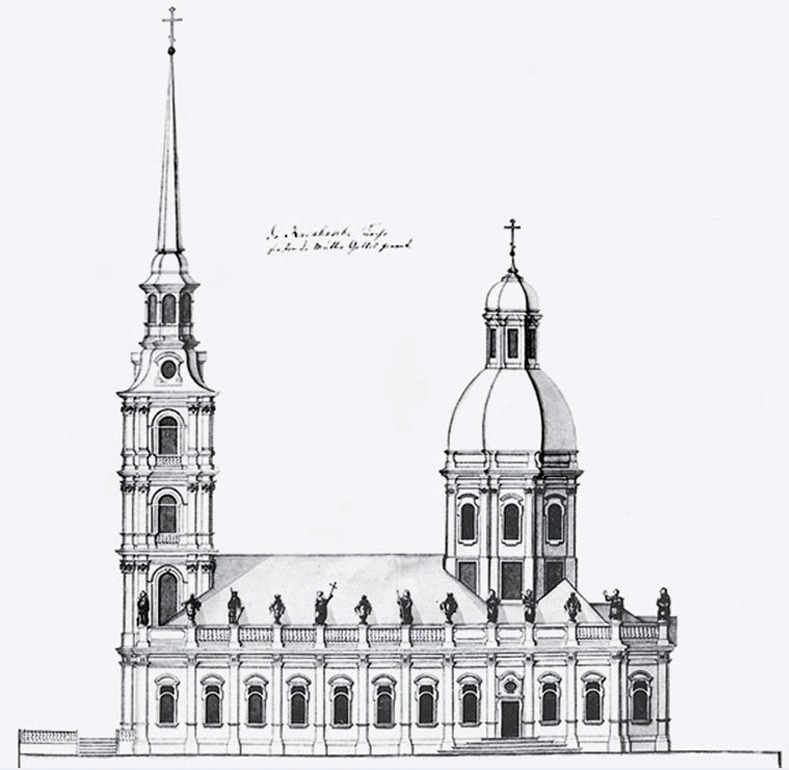 1740-е. Южный фасад церкви Рождества Богородицы. Чертеж из коллекции
Берхгольца. фото с сайта citywalls.ru