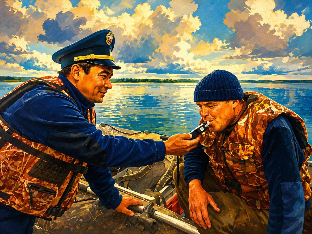 Вежливый инспектор проверяет весёлого лодочника на состояние опьянения.