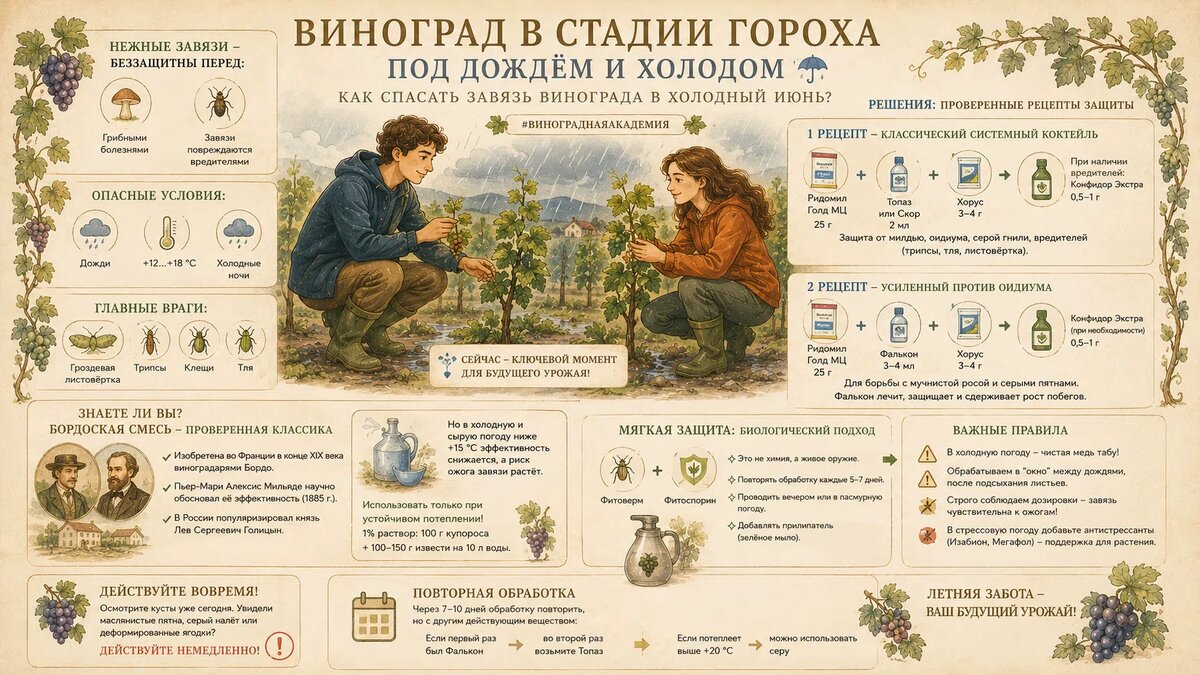 Схема обработки виноградника при низких температурах в июне 