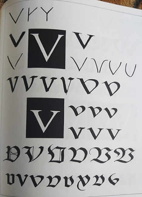 Различные начертания букв “v/u” в старинных текстах. Взято из Kapr, Albert. Schriftkunst. VEB Verlag der Kunst, Dresden. 1971. С. 292, 293
