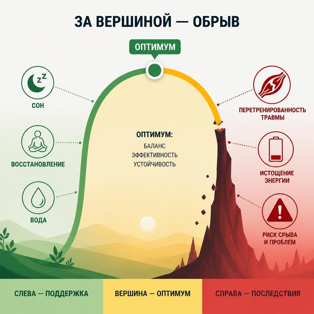 «Правило перевёрнутой U: сила рождается только на вершине. Чуть ниже — тело “спит”. Чуть выше — изнашивается. Самое важное в гормезисе — не “больше стресса”, а точное попадание в свою зону оптимума».