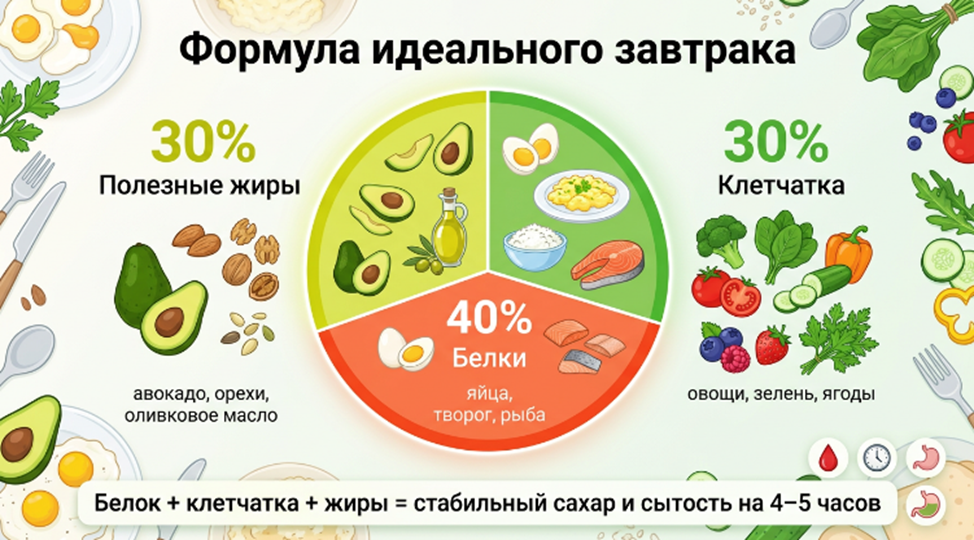 Белок + клетчатка + жиры = стабильный сахар и сытость на 4–5 часов