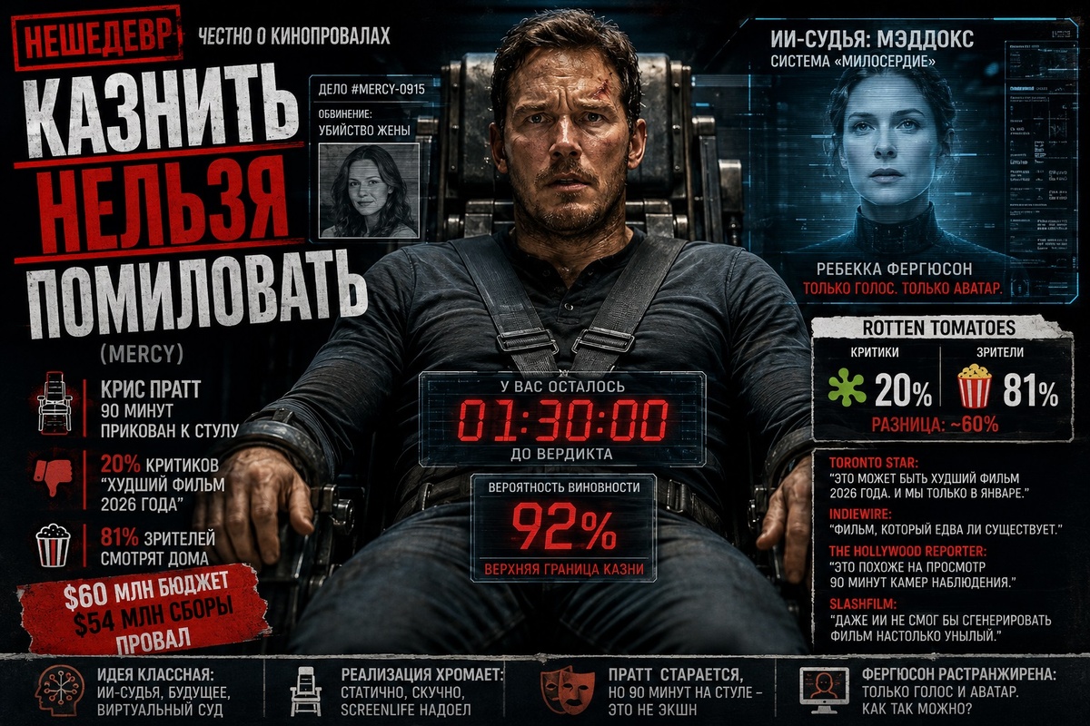 Крис Пратт в роли детектива Криса Рэйвена в фильме «Казнить нельзя помиловать» (Mercy, 2026) — одном из самых спорных научно-фантастических триллеров года, получившем разгромные отзывы критиков и неоднозначную реакцию зрителей.
