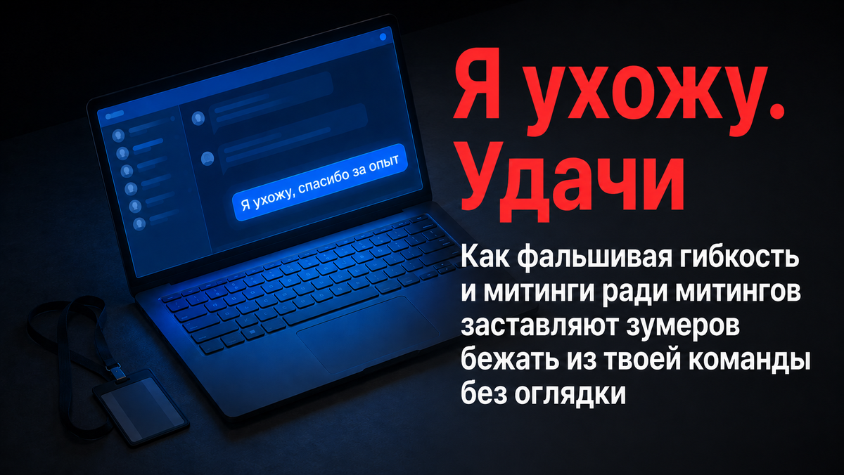 Ноутбук с открытым корпоративным чатом и сообщением об увольнении на экране. Зумеры на работе часто уходят внезапно, оставляя лишь короткое уведомление в мессенджере.