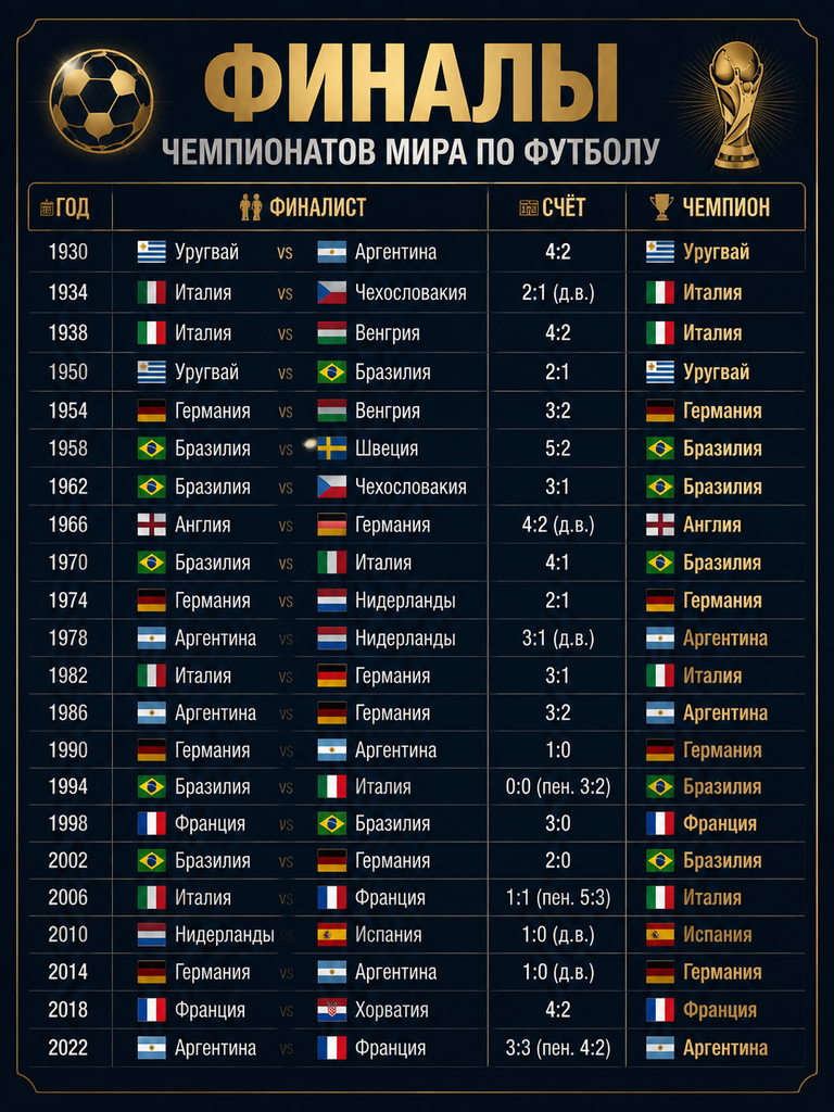 Все финалы чемпионатов мира по футболу с 1934 года по 2022 год