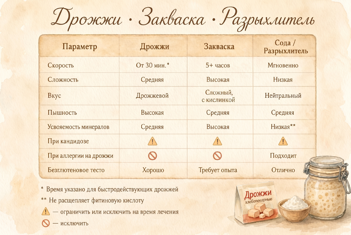Сравнительная таблица дрожжей, закваски и разрыхлителя.