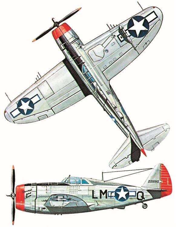 Истребитель "Republic" P-47D-21-RE 61-й истребительной эскадрильи 56-й авиагруппы ВВС США, май 1944 года . Двигатель: радиальный Pratt and Whitney мощностью 2300 лошадиных сил. «Двойная Оса» R-2800-217. Размах крыла: 12,43 м (40 футов 9 3/8 дюйма). Длина: 11,02 м (36 футов 1 1/4 дюйма). Высота: 4,45 м (14 футов 7 дюймов). Взлетный вес: 5920 кг (1350 фунтов). Максимальная скорость: 697 км/ч (433 миль/ч) на высоте 9144 м (30000 футов). Практический потолок: 12192 м (40000 футов). Дальность полета: 1030 км (640 миль). Вооружение: четыре 0,50-дюймовых пулемета «Браунинг» М-2; одна 227-кг (500 фунтов) бомба под фюзеляжем и одна бомба или дополнительный топливный бак под каждым крылом.