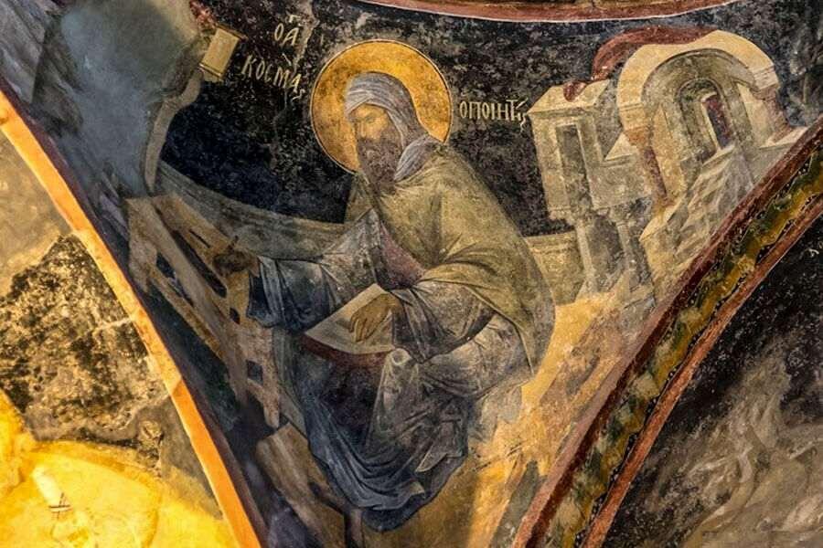 Преподобный Косма, епископ Маиумский. Фреска монастыря Хора, Византия, XIV век