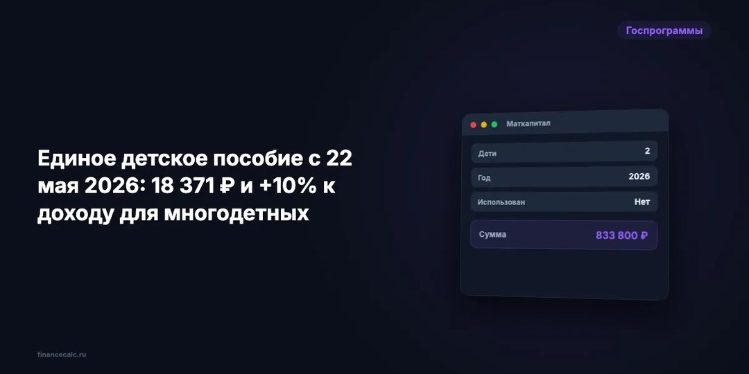 Единое детское пособие с 22 мая 2026: 18 371 ₽ и +10% к доходу для многодетных
