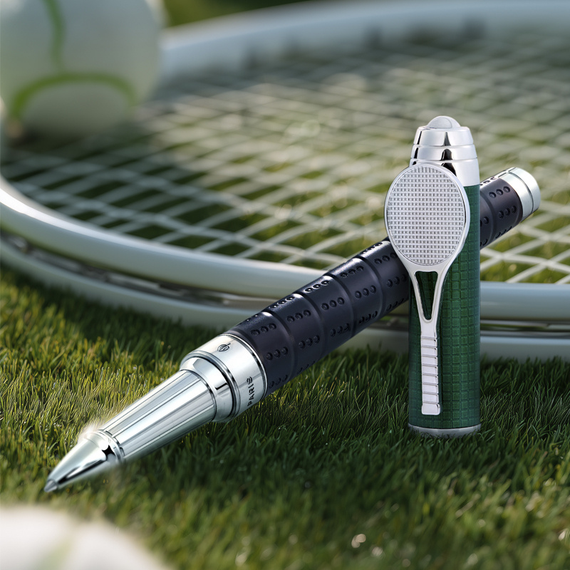 На фото: ручка-роллер S.T. Dupont Tennis с отделкой палладием с черным IP-покрытием и зеленым натуральным лаком