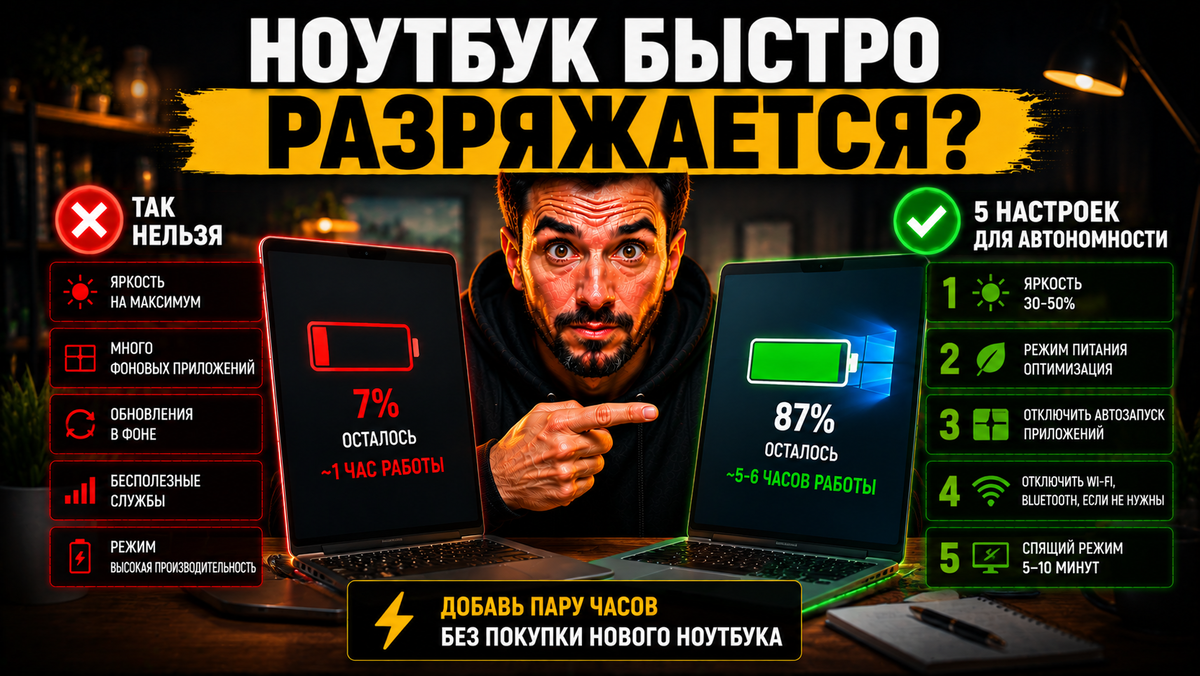 Ноутбук быстро разряжается — полезные настройки Windows для экономии заряда и увеличения времени работы.