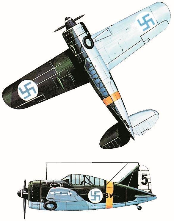 «Брустер» В-239 (F2A-1) эскадрильи финских ВВС, 1941–1942 гг. Двигатель: 940-сильный радиальный «Райт Циклон» R-1820-34. Площадь крыльев: 10,67 м (35 футов). Длина: 8,03 м (26 футов 4 дюйма). Высота: 3,68 м (12 футов 1 дюйм). Взлетный вес: 2293 кг (5055 фунтов). Максимальная скорость: 484 км/ч (301 миля в час) на высоте 5182 м (17000 футов). Практический потолок: 9906 м (32500 футов). Дальность полета: 1762 км (1095 миль). Вооружение: два 0,50-дюймовых пулемета «Браунинг».