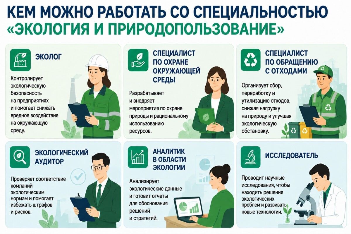 Основные профессии в сфере экологии и природопользования. Источник: нейросеть📷
