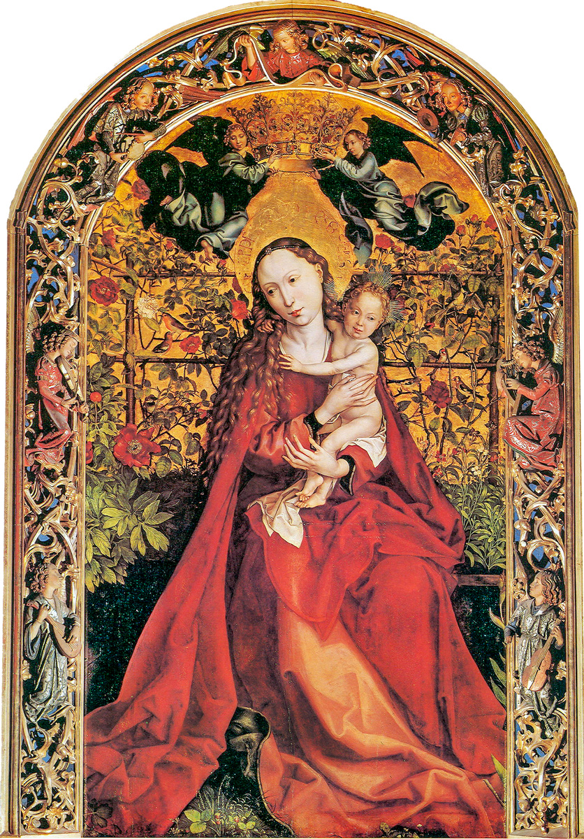 Мартин Шонгауэр, «Мадонна в беседке из роз», 1473 год. Дерево, масло. 200 × 114.5 см. Церковь Доминиканцев, Кольмар, Эльзас,  Франция. Это самая известная и  значимая из «Мадонн» мастера. 