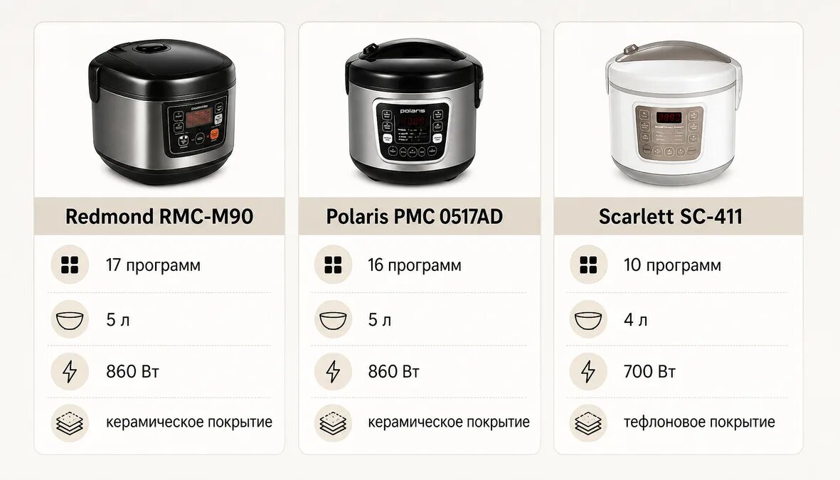 Сравнительная таблица трех мультиварок по программам, объему, мощности и покрытию.
