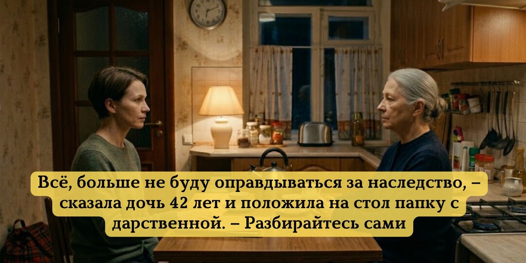 Всё, больше не буду оправдываться за наследство, – сказала дочь 42 лет и положила на стол папку с дарственной. – Разбирайтесь сами