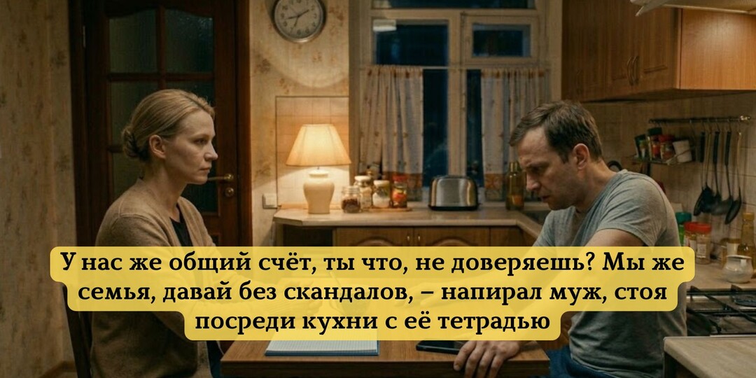 У нас же общий счёт, ты что, не доверяешь? Мы же семья, давай без скандалов, – напирал муж, стоя посреди кухни с её тетрадью