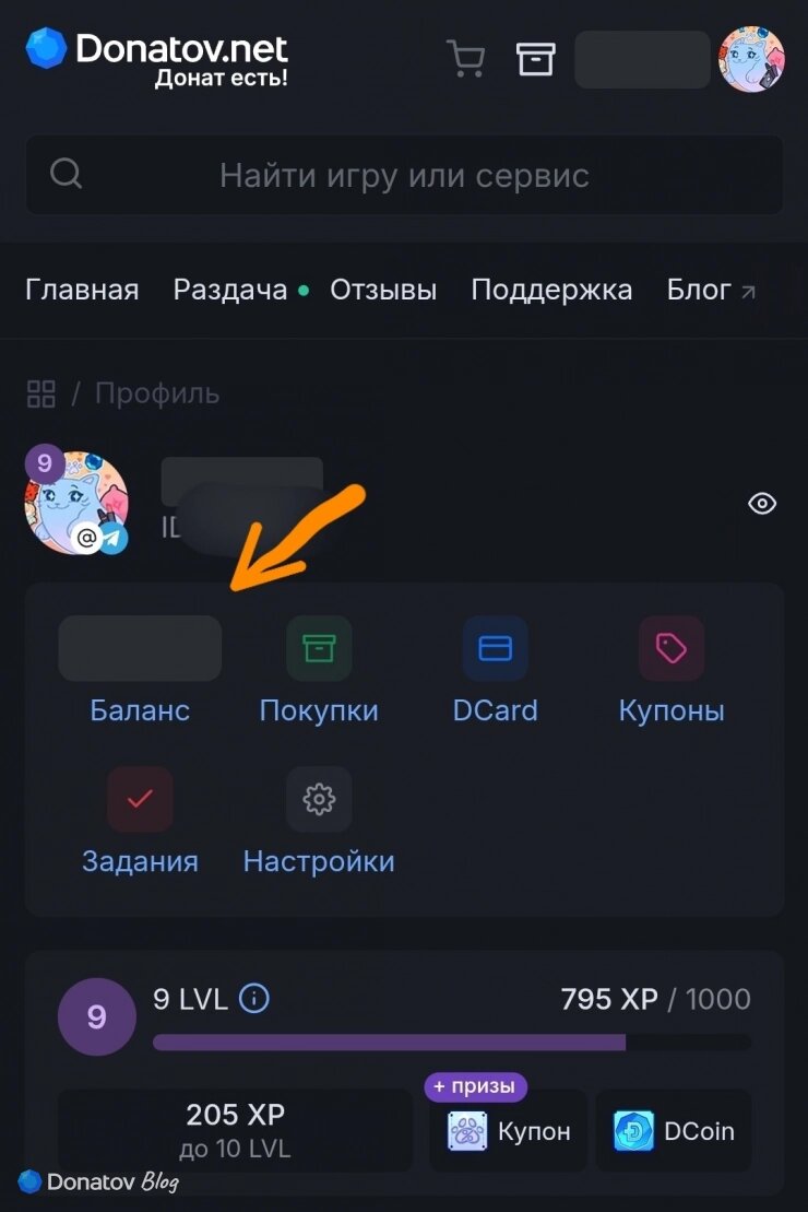    Кнопка «Баланс» в профиле на сайте Donatov.net