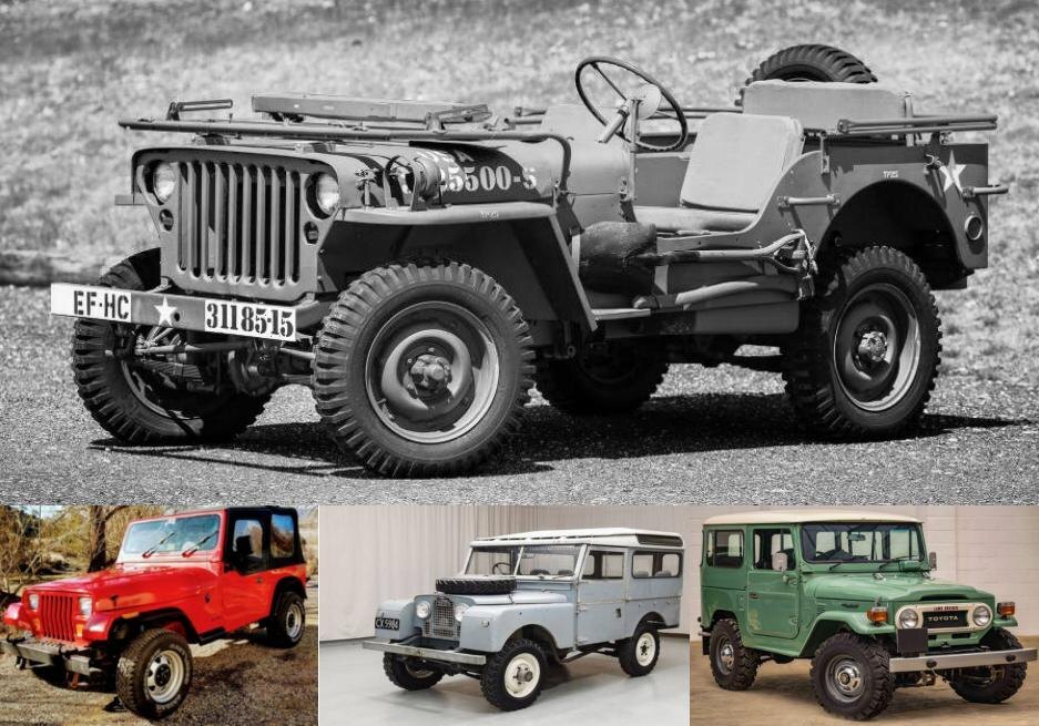 Рис. 2. «Генеалогическое древо» Willys MB. Слева направо: Jeep Wrangler, Land Rover, Toyota Land Cruiser.
