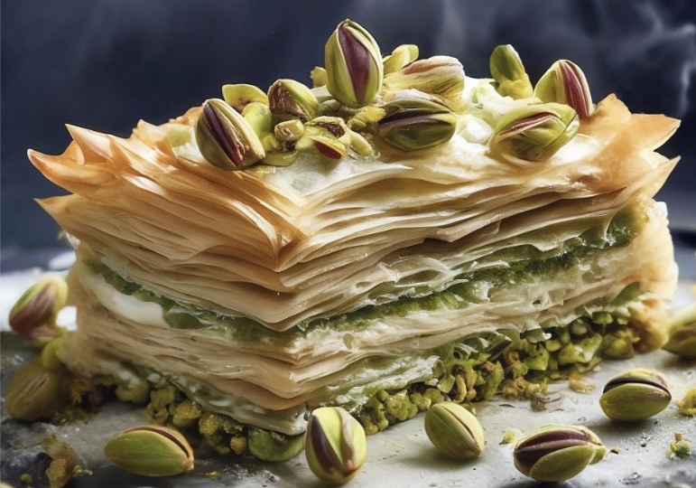 Пахвала из теста фило с фисташками, сырным кремом и сиропом. Очень вкусный десерт, на скорую руку