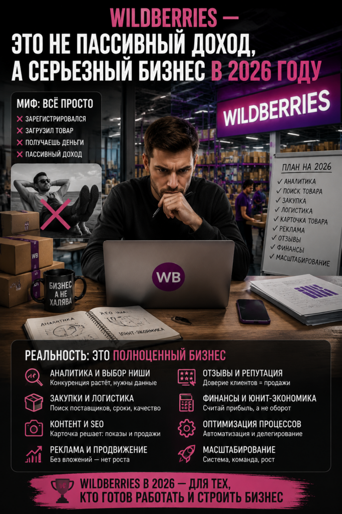    Бизнес на Wildberries в 2026 году: почему это не пассивный доход, а серьезная работа и как на ней зарабатывать. Экспертный разбор от селлера с оборотом 30 млн рублей. Узнай, как избежать ошибок новичков и системно масштабировать продажи без делегирования кураторам. Читайте реальный план запуска и роста. Рахим Танжариков