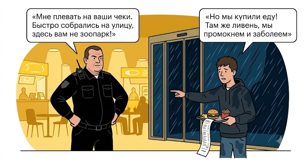 «Выметайтесь на улицу!»: 14-летних подростков выставили из фудкорта ТЦ в ливень, несмотря на оплаченную еду — законно ли это?