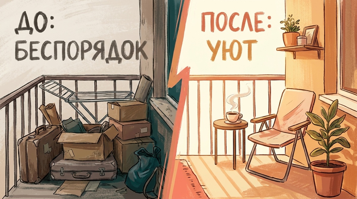 Балкон до и после: с одной стороны старая коробка, чемодан и сломанная сушилка, с другой - кресло, столик, кружка кофе и горшок с цветами