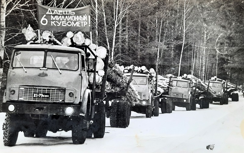 Юбилейная колонна на вывозке леса. 1980-е гг.