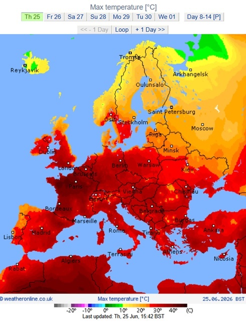    Температурная карта Европы. 25 июня 2026.https://www.weatheronline.co.uk/cgi-app/weathercharts