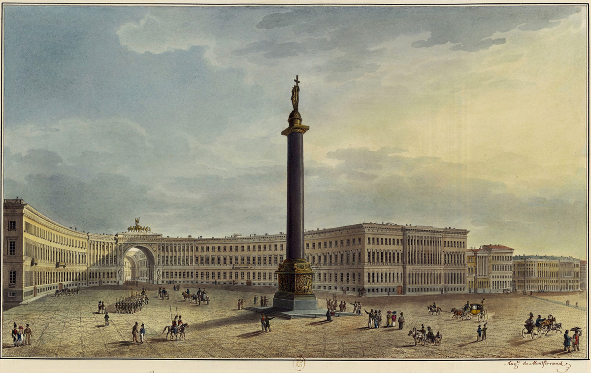 Площадь с Александровской колонной на рисунке О.Монферрана, 1829—1830 гг.