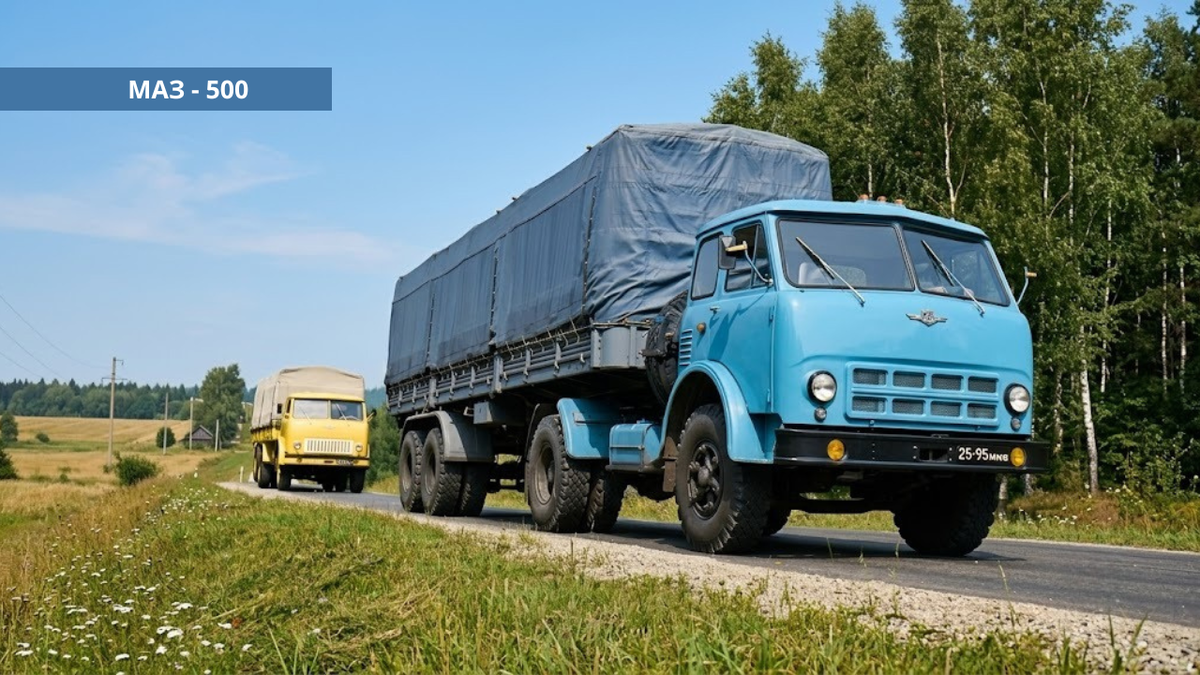 МАЗ-500 история СССР: белорусский грузовик с кабиной над двигателем на заводском дворе 1960-х