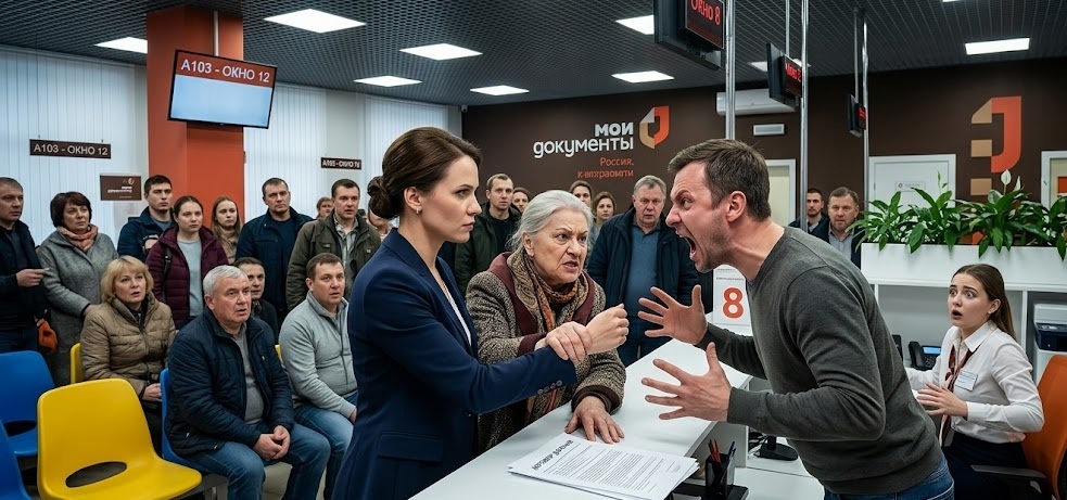 — Выметайся на теплотрассу, прихлебательница! — заорал муж в переполненном зале МФЦ. Спустя 40 минут этот наглец скулил от страха