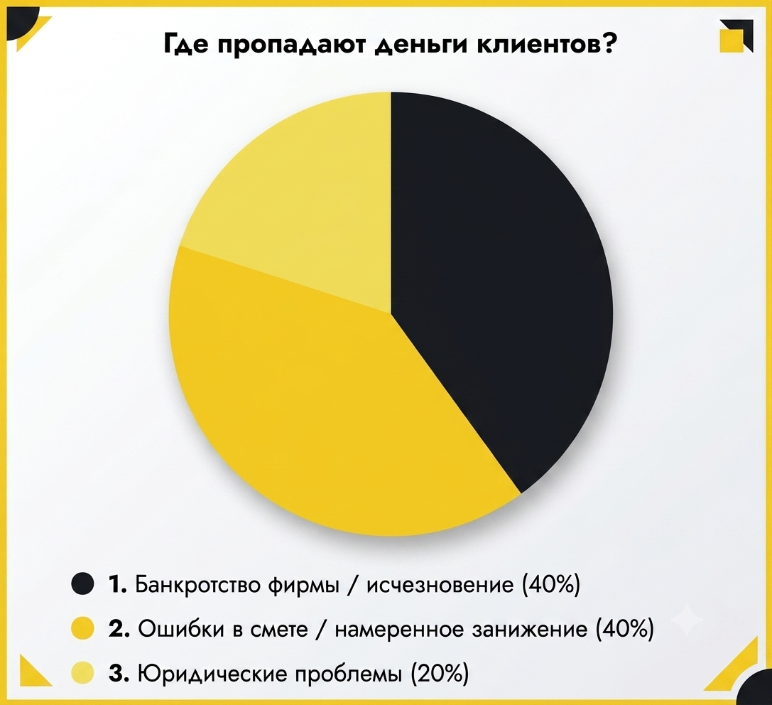 Наш анализ показывает, что в 80% случаев деньги клиентов сгорают из-за непрофессионализма. Часто фирма просто "схлопывается", когда доходит до этапа реальных затрат, понимая, что проект убыточен. Не дайте себя обмануть — честный застройщик всегда готов аргументировать каждую строчку в смете.